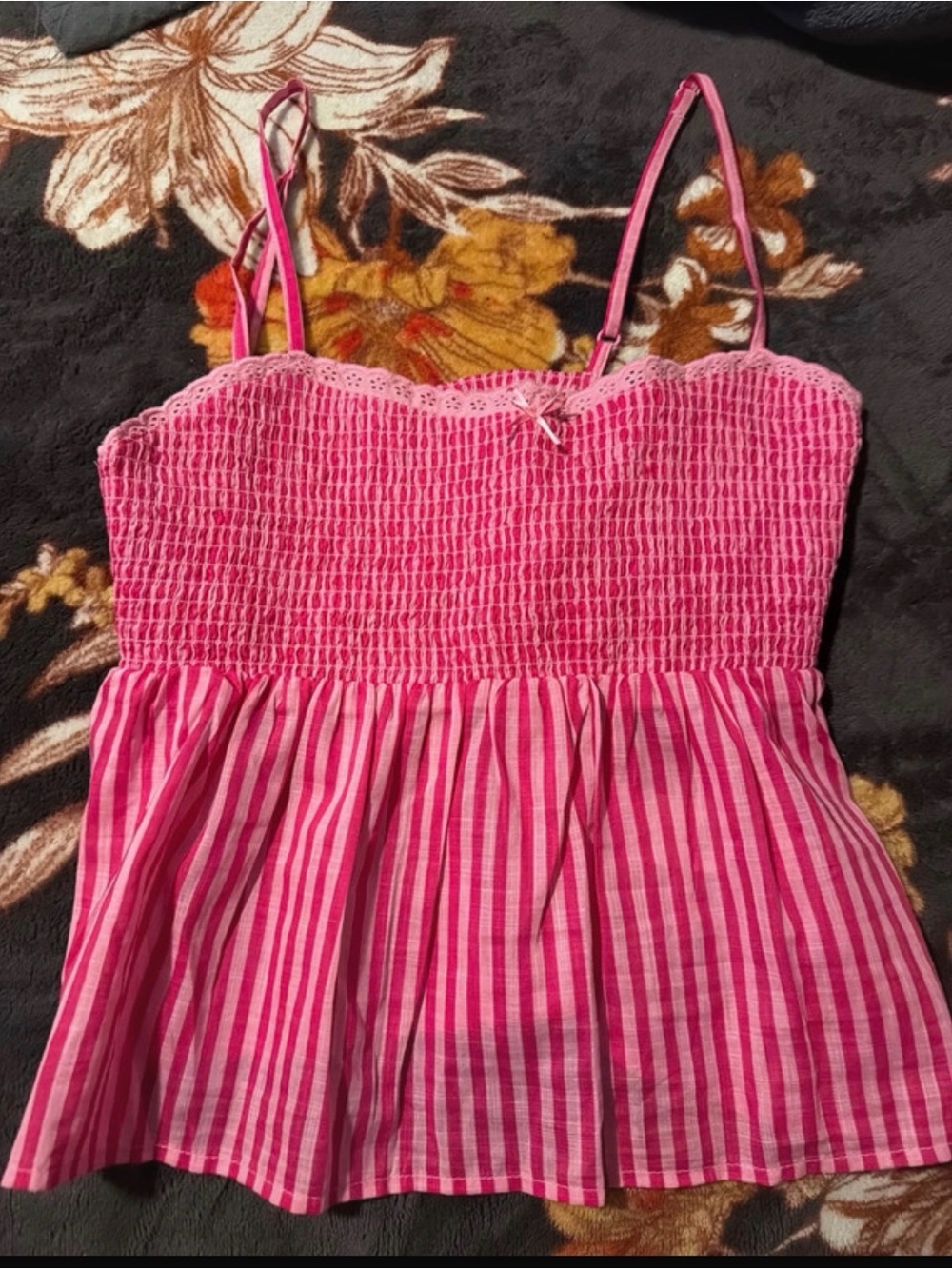 No Boundaries Pink Striped Smocked Tank Top with Lace Trim